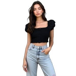 Ambiance Black Smocked Puff-Sleeve Crop Top S